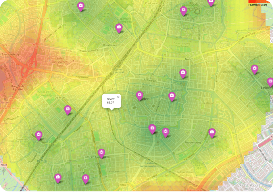 Kaart voorzieningenscan met paarse pins aangegeven waar apotheken zijn in de buurt