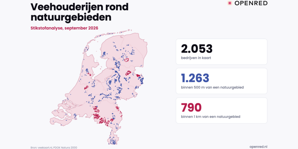 Kaart met veehouderijen rond natuurgebieden en de zones die bepalen waar stikstofruimte voor woningbouw vrijkomt