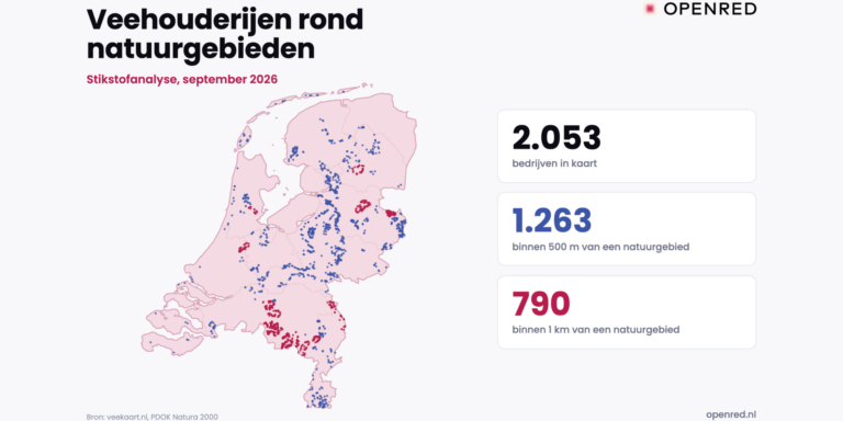 Kaart met veehouderijen rond natuurgebieden en de zones die bepalen waar stikstofruimte voor woningbouw vrijkomt
